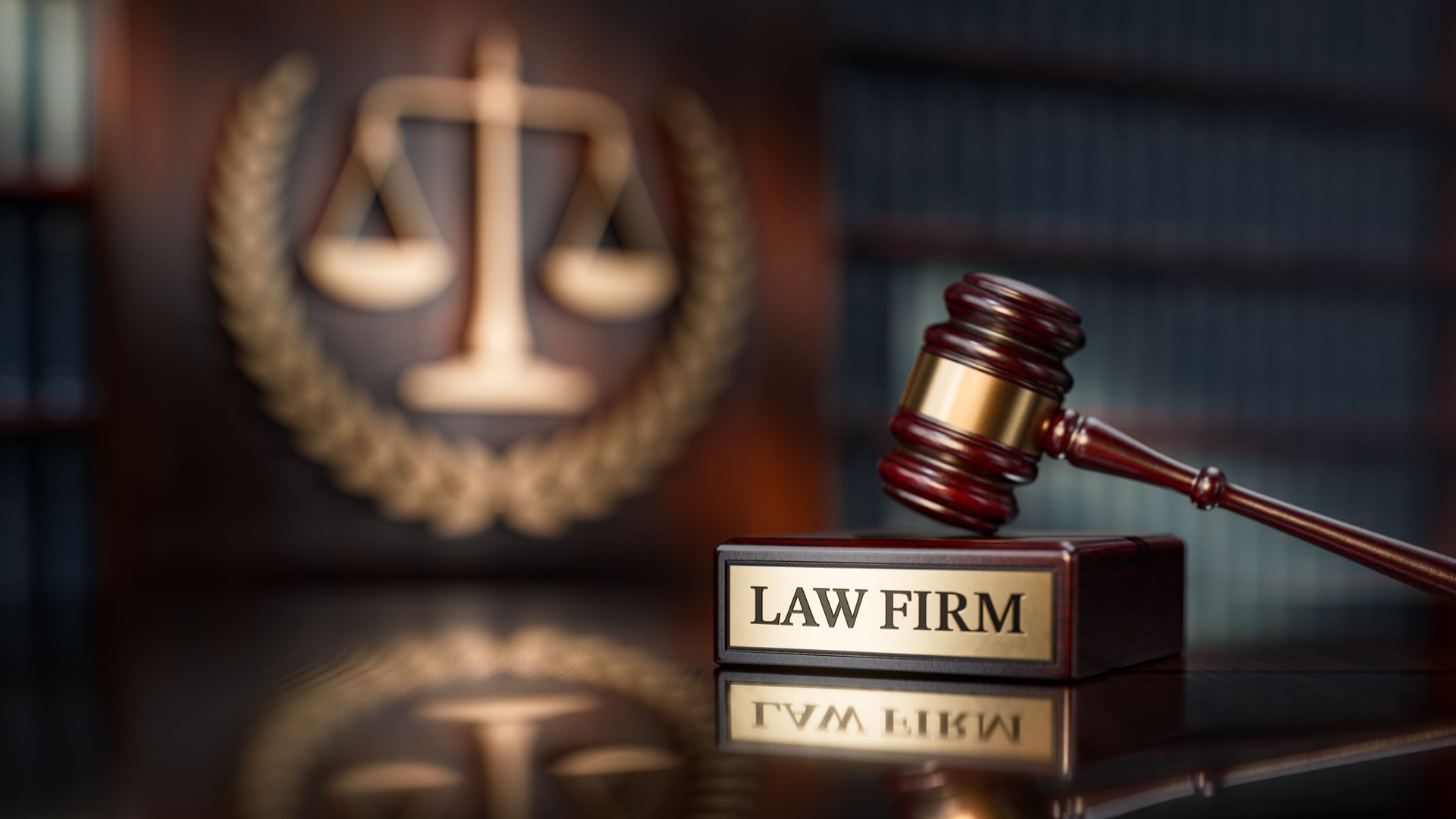 Law Firm: Judge's Gavel as a symbol of legal system and wooden stand with text word